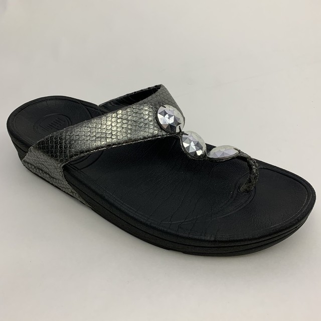FitFlop Petra Pewter Jeweled Flip Flop Black Sandals Womens Size 8 US