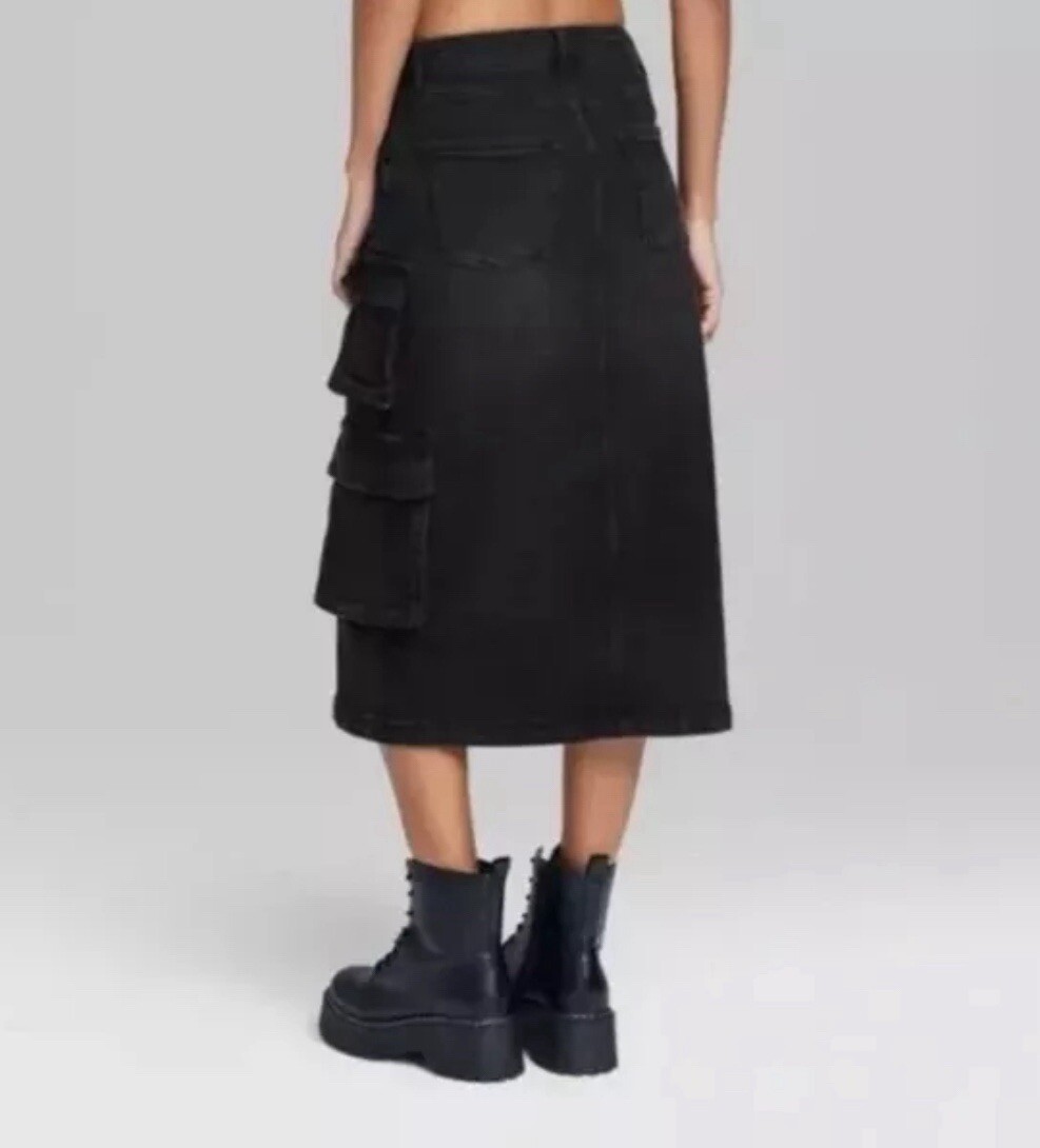 ★MAINBOOTH★Wild Cargo Denim Skirt(VINTAGE BLACK)★正規品 Women's Black Denim Cargo Midi Skirt - Wild Fable Size XXS