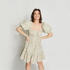 Love The Label Anthropologie Buttondown Puff Sleeve Mini Dress Smocked M 260338