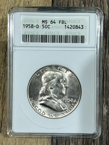 1958-D Franklin Half Dollar 50C ANACS MS 64 FBL 💥BELOW MELT💥