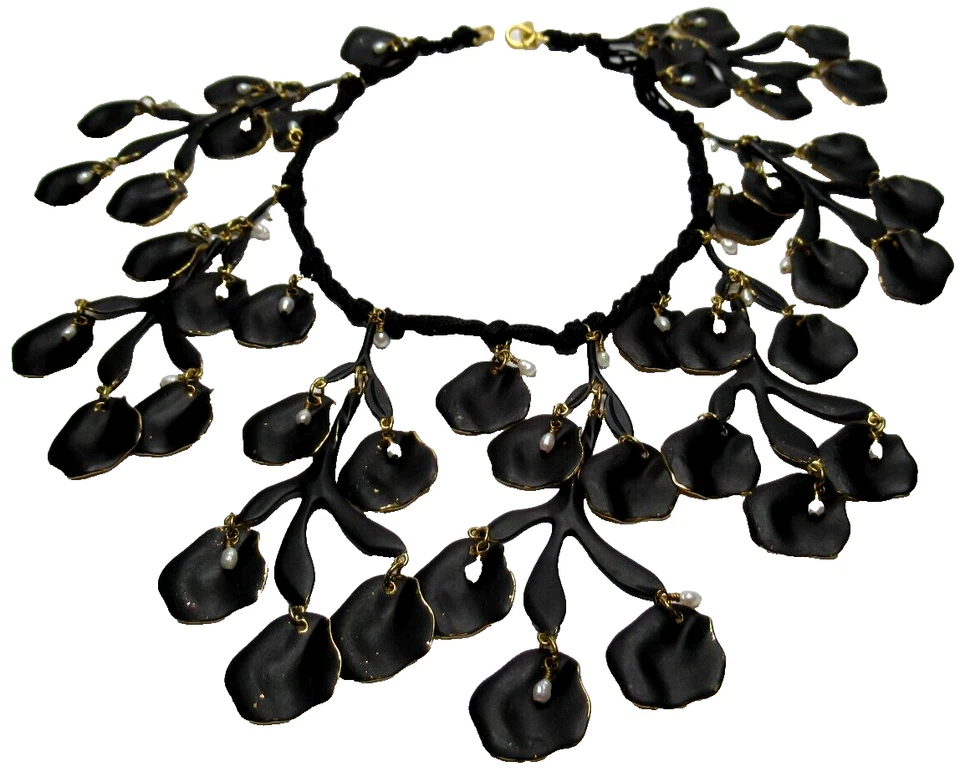 LEE ANGEL Neiman Marcus Dangling Blackened Leaves & Pearls Quality Necklace