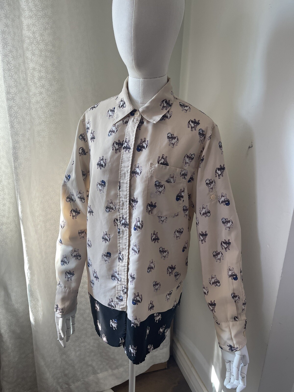 Ellen Tracy Blouse French Bulldog Pug Print Collared Button Up Long