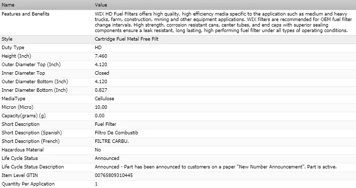 Filtro separador de agua combustible Wix para Kenworth T700 L6-14,9 L 2011-2015 Foto 2 de 4
