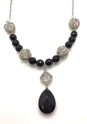 Sterling 925 Swirl Beaded Ball Pear Round Black Onyx Dangle Statement Necklace