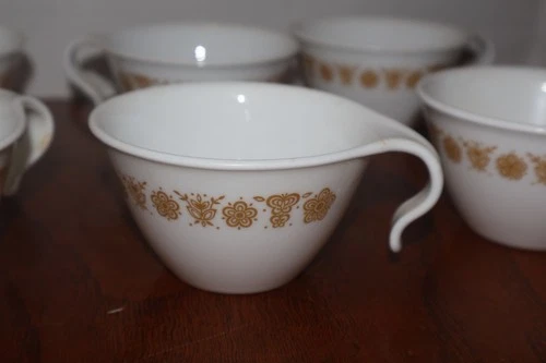 6  Corelle Corning HOOK HANDLE CUPS BUTTERFLY GOLD COFFEE TEA FREE SHIPPING