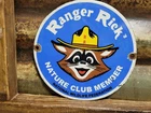 VINTAGE RANGER RICK PORCELAIN SIGN RARE OLD NATURE CLUB MEMBER SMOKEY PARK 6"