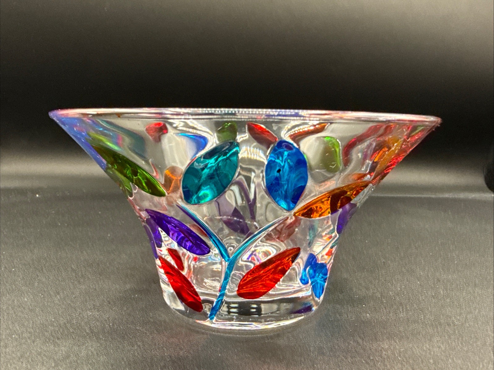 Murano Venetian Crystal Bowl Candy Dish - Multicolor Tree Leaves 3 Inch Tall