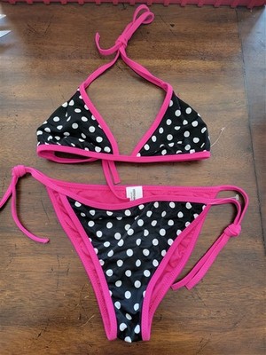 NWOT Vera Moda M Black White Pink Polka Dot Bikini Swim Top Bottom 126465