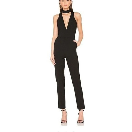 Michelle Mason Choker Plunge Jumpsuit Sleeveless Black Sexy Stretch Designer - 4