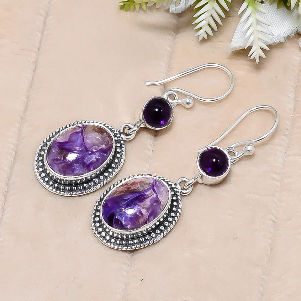 Russischer Charoit Natur Edelstein Handarbeit 925 Sterling Silber Schmuck Ohr... - Bild 3 von 4