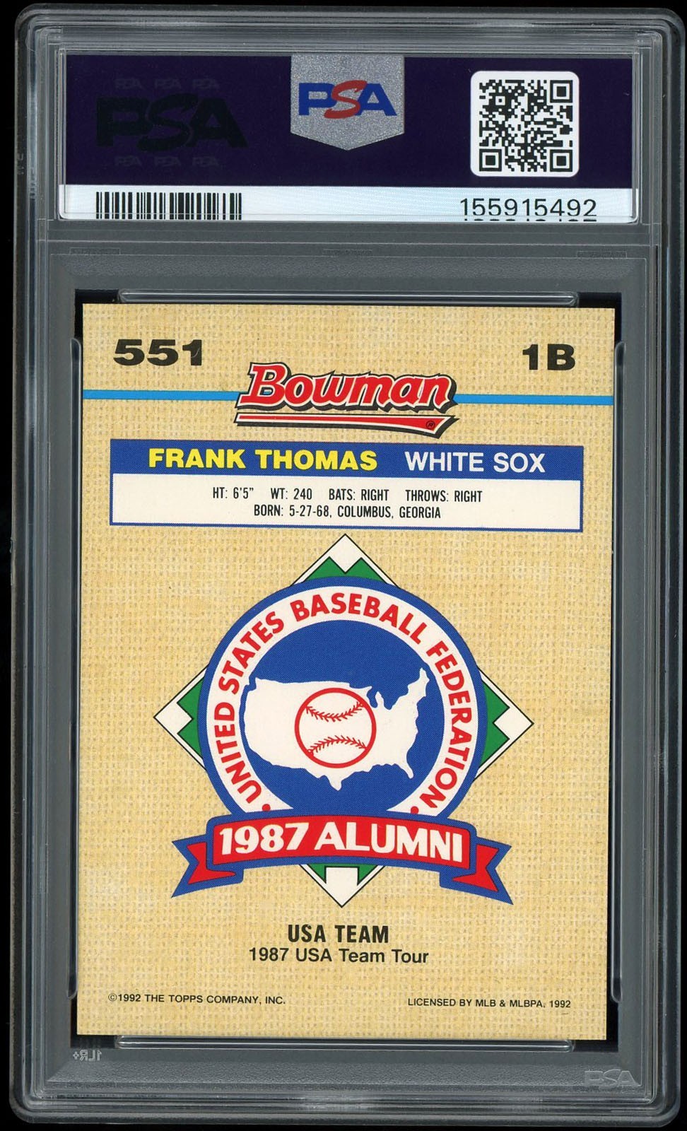 Frank Thomas 1992 Bowman Gold Foil 551 PSA 9 MINT view 2