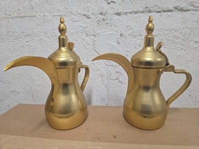 Turkish Saudia Decor Dallah Arabic Brass Coffee Pot Pair Saudi Arabia H4
