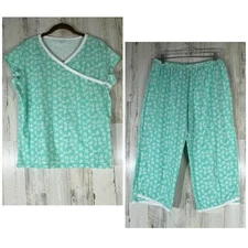 Garnet Hill Green Cotton Pajama Set Size Large Floral Print Cropped Pants Top