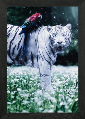 Weißer Tiger und Papagei gerahmtes Wandbild Poster Leinwanddruck Bild