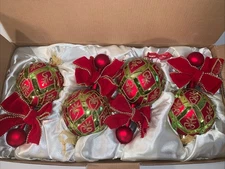 Frontgate Holiday Collection Box of 4 Large Ornaments Vintage Red Green 8”