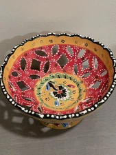 Turkish Ceramic Orange Multi Colorful Hand Painted Footed Stand Bowl