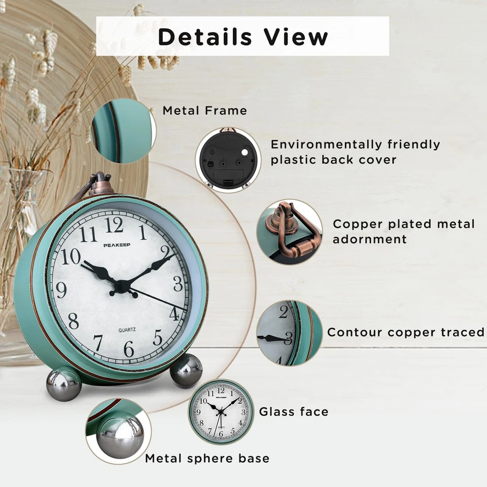 4 英寸小型电池供电的古董复古模拟闹钟,用于室内装饰,Si... — 第 3/4 张图片