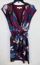 Loft Womens Dress XS Burgundy Blue A Line V Neck Short Sleeve Line Elastic Waist