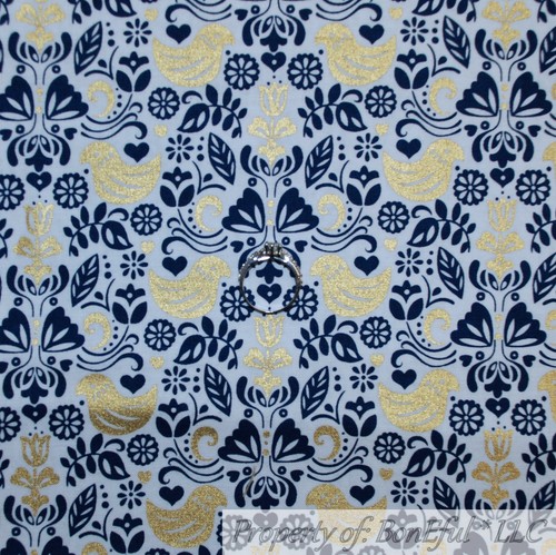 BonEful FABRIC FQ Cotton Quilt White Black Gold Metallic Love Bird Damask Flower - Picture 2 of 12