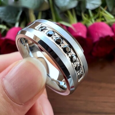 8MM Men Women Black and White Zircon Tungsten Carbide Ring