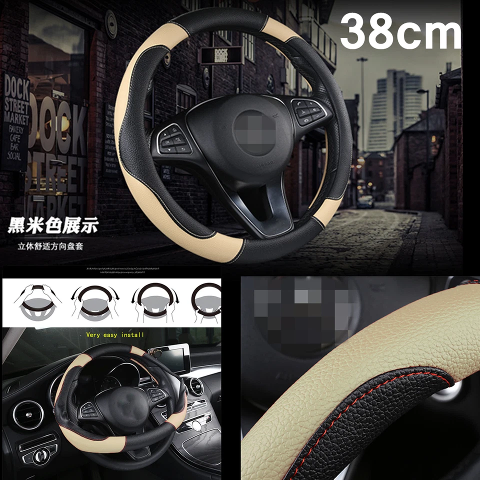 Capa de volante de couro ecológico 38cm/15in acessórios para carro caminhão preto/bege - Imagem 2 de 4