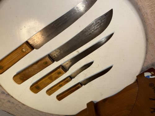 Vtg Old Hickory Butcher Knife Set Hanging Wood Block 5 Knives Rope Handle READ - Picture 11 of 22