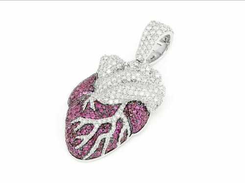 Men Boys Heart Pendant 3.50CT Red Ruby & Diamonds Charm 14K Two Tone Gold Finish - Picture 4 of 4