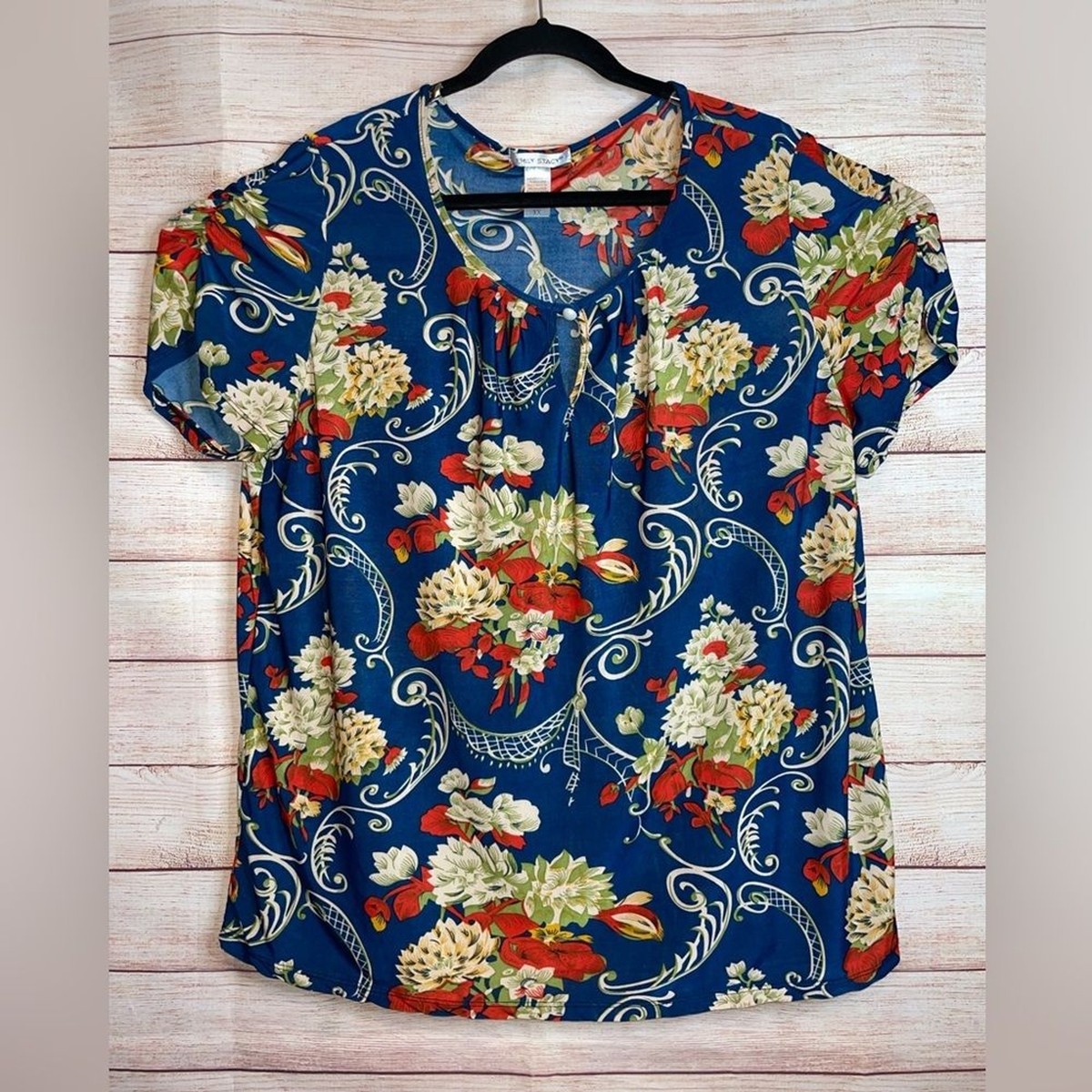 トップス Bibiy.EMILY FLOWER BLOUSE Emily Stacy Ladies Top plus Size 3X Navy blue Floral-Short Sleeves