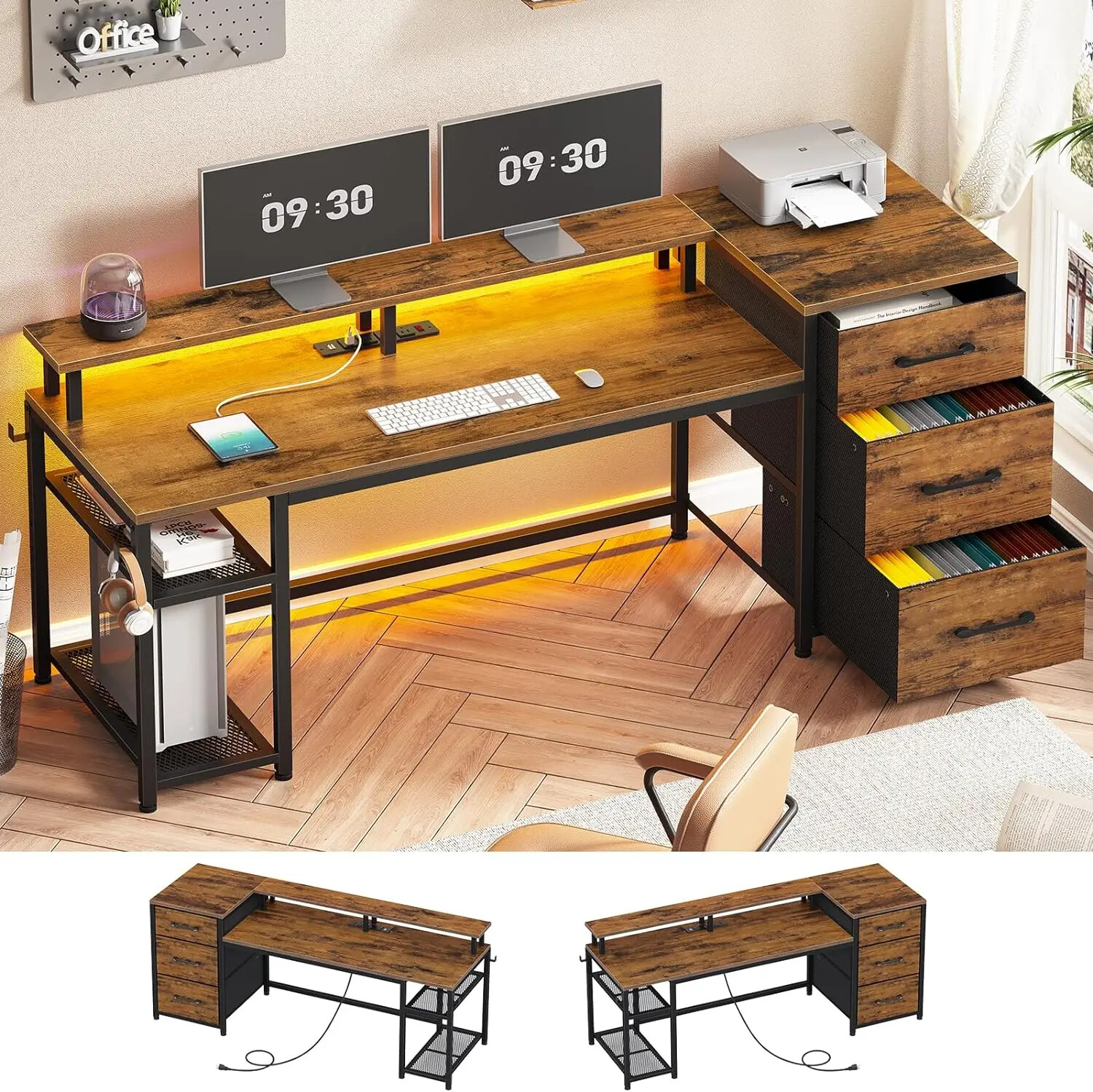 59-Inch Modern Computer Desk with File Drawer LED Lights Built-In Power Outlets Perfect for Gaming and Office Use Made in USA-image