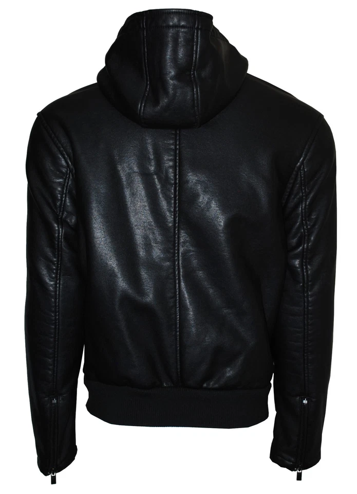 Chaqueta de cuero sintético con capucha delantera con cremallera Kenneth Cole Reaction para hombre, negra Foto 2 de 3