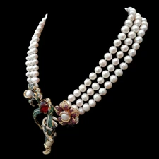 18" 3Strands Cultured White Pearl Cubic Zirconia Pave Pendant Statement Necklace