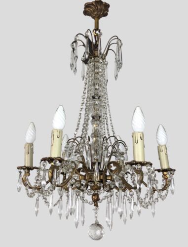 Large Gilt Bronze 6 Arm Chandelier Ceiling light With Crystal Droplets & Swags - Afbeelding 1 van 15