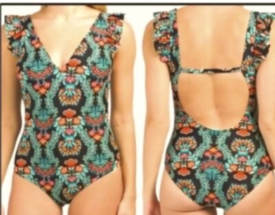 Jessica Simpson Women's Floral Rendevous Ruffled-v Neck Swimsuit Multi Nwt Xl