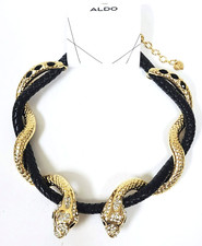 NEW ALDO GOLD TONE,BLACK FAUX LEATHER CRYSTALS PYTHON SNAKE CHOKER NECKLACE