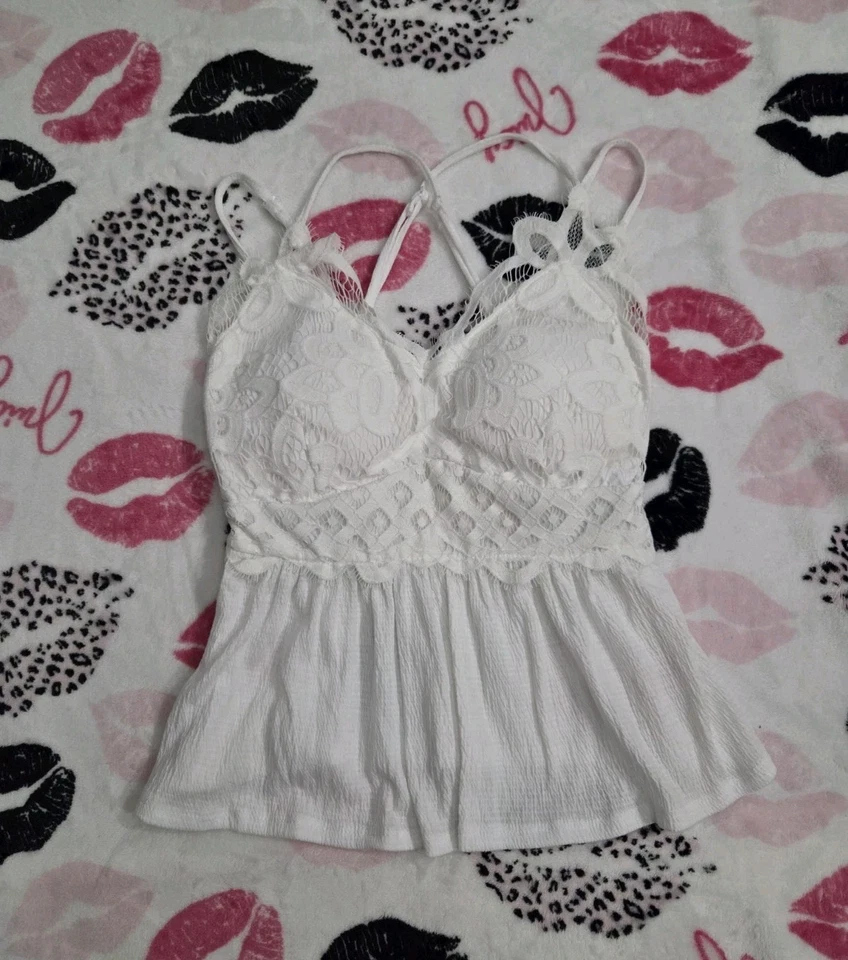White coquette babydoll cami top lace with crisscross back look - Image 2 of 4