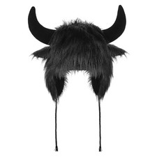XGOPTS Winter Faux Fur Plush Hat with Horns Warm Animal Horn Ox Earflap Black