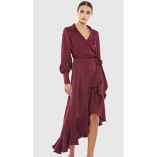 Mac Duggal 12506 Wine Satin Faux Wrap Ruffle High Low Dress Size 0 NWT