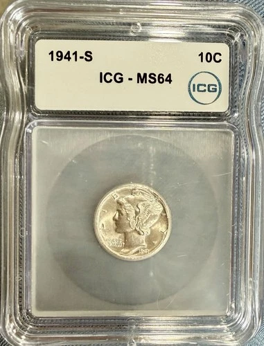 1941-S Silver Mercury Dime ICG MS64 Amazing Coin #200