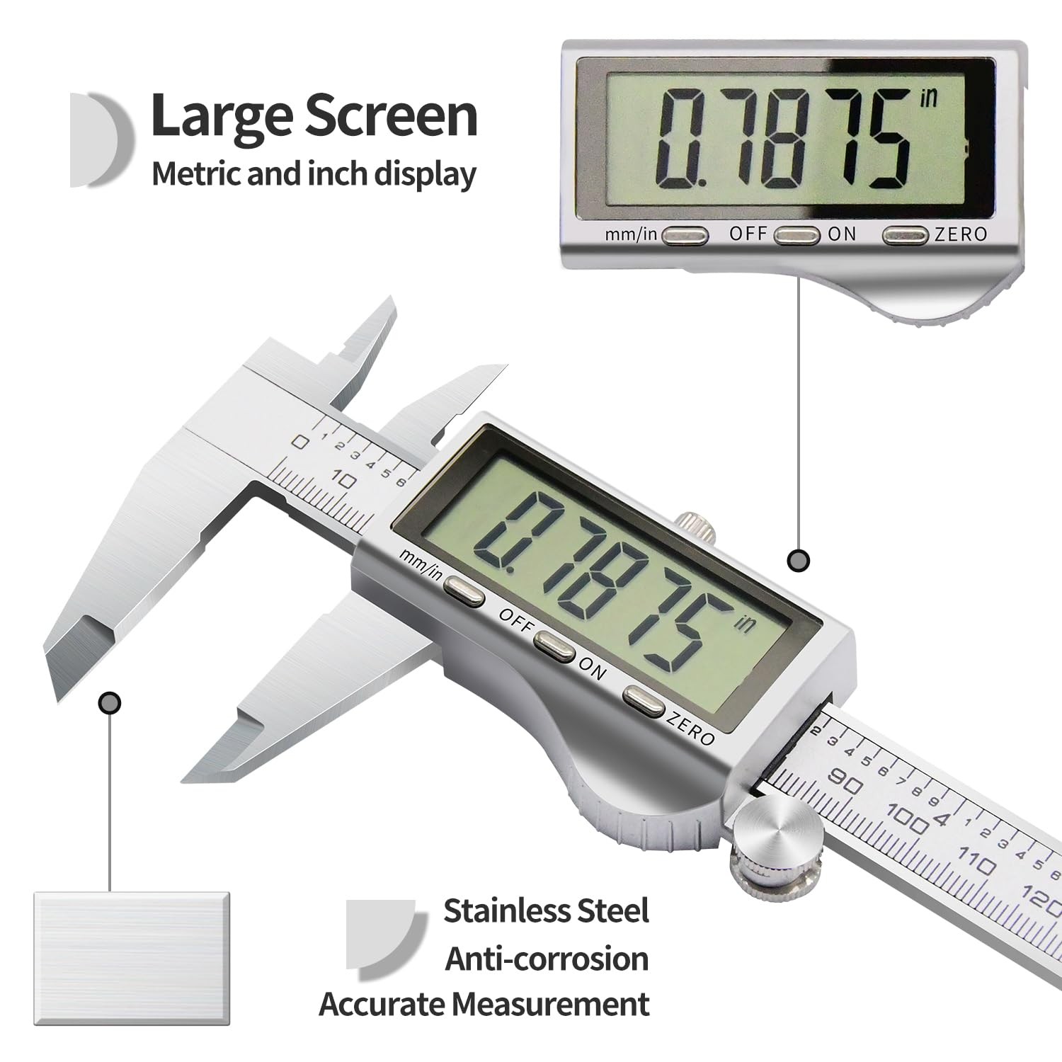 Digital Caliper Stainless Steel Electronic Vernier with LCD Screen 6in 150mm
