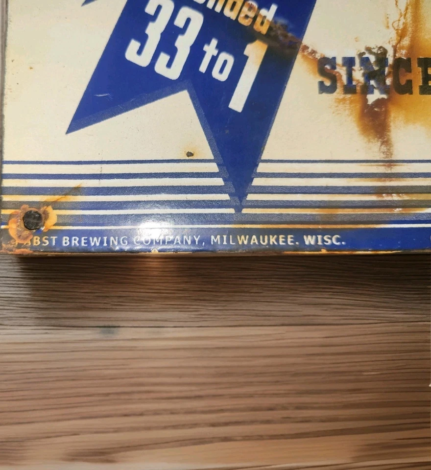 Letrero de cerveza vintage Pabst cinta azul porcelana iroquesa Schlitz Redtop Jax Piel's Foto 2 de 4