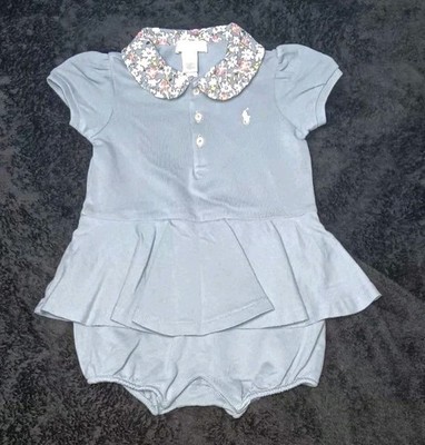 Polo Ralph Lauren Baby Girls' Contrast Collar Mesh Bubble Shortall Romper Blue