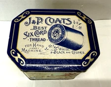 Vintage J & P Coats Best Six Cord Sewing Thread Advertising Storage Tin
