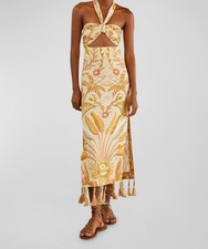 Farm Rio Women's Beige Jungle Chic Linen Halter Sleeveless Cutout Dress Size S