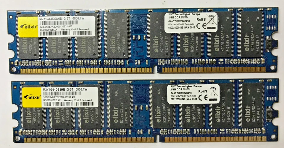 Elixir 2GB (2x1GB) DDR1 M2Y1G64DS8HB1G-5T 2Rx8 PC3200U-30331.400 #R2688