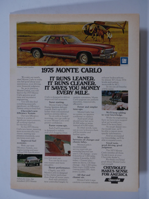 #ad 1975 Chevrolet Monte Carlo Landau It Runs Leaner Vintage Original Print Ad $6.95