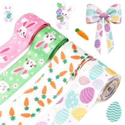 4 Rolls Easter Eggs Carrots Rabbits Wired Ribbon 2.5 Inch x 15 Yards Decor