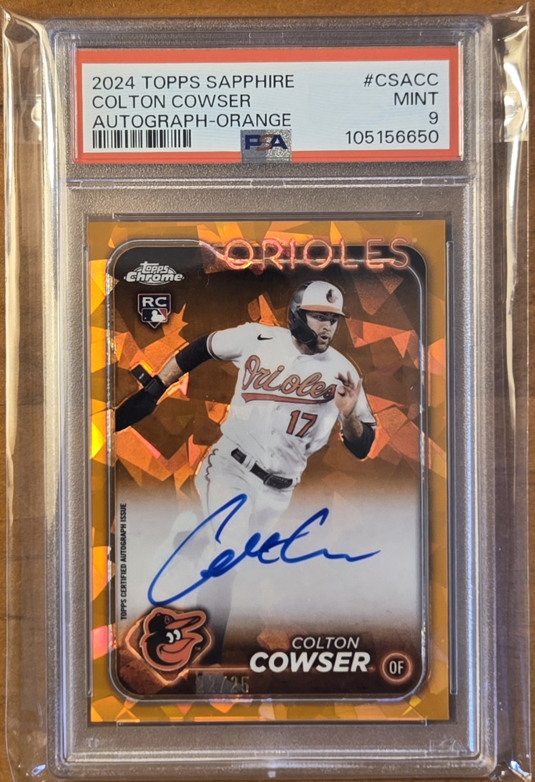 2024 TOPPS CHROME SAPPHIRE CHROME ORANGE AUTOS COLTON COWSER RC 22/25 PSA 9