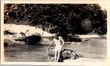 Vintage 1940s Snapshot Man Bathing in Tropical River Waterfall Beach Photo