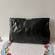 VTG 1970s Black Leather Zip Clutch Simple Minimal Dove Zipper Boho