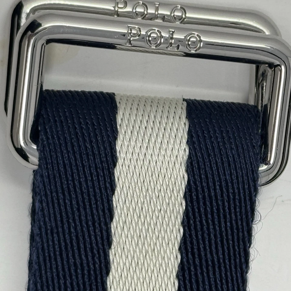 VTG Polo Ralph Lauren Blue White Striped Woven Belt Leather Accent Preppy 47” - Image 4 of 4